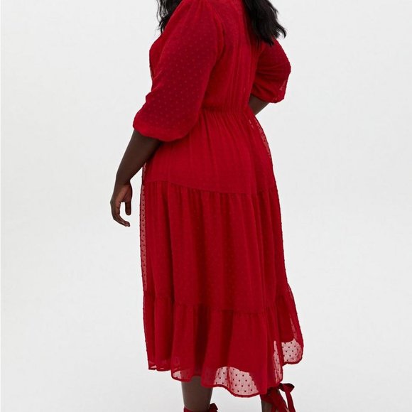 Torrid Maxi Midi Chiffon Clip Swiss Dot Pleated Red Dress - Picture 4 of 12